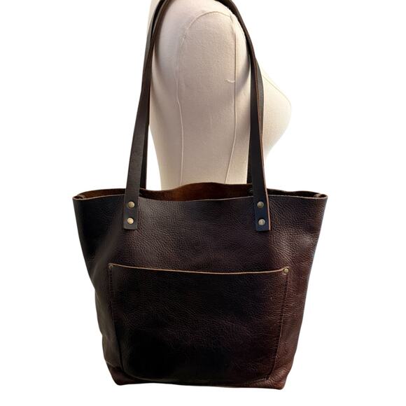 Portland Leather Chocolate Brown Pebbled Leather Medium Tote Pocket - Picture 1 of 13